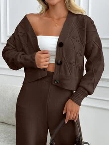 SHEIN طقم نسائي مقاس كبير من قطعتين بلون موحد، كارديجان بأكمام طويلة وبنطال، كاجوال وناعم ومريح للاستخدام اليومي، محبوك، مناسب للمناسبات الرسمية وسهرات المواعيد، بني، شتوي - شوكولاته بني - مشاهدة 5