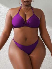 Slaydiva Plus Size Women's Solid Color Halter Tie 3-Cup Separate With Cover-Up 4-Piece Swimwear, Sexy Beach Vacation - Purple - View 4