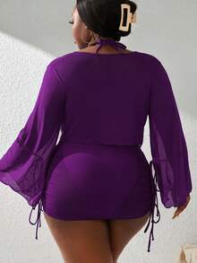 Slaydiva Plus Size Women's Solid Color Halter Tie 3-Cup Separate With Cover-Up 4-Piece Swimwear, Sexy Beach Vacation - Purple - View 2
