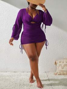 Slaydiva Plus Size Women's Solid Color Halter Tie 3-Cup Separate With Cover-Up 4-Piece Swimwear, Sexy Beach Vacation - Purple - View 3