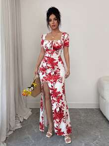 Rafferiza Women's Summer Short Sleeve Dress, Digital Printed Vacation Dress, Beach Holiday Dress With Slit Hem And Waist Ruching - Red - View 6