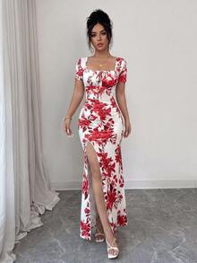 Rafferiza Women's Summer Short Sleeve Dress, Digital Printed Vacation Dress, Beach Holiday Dress With Slit Hem And Waist Ruching - Red - View 5