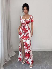 Rafferiza Women's Summer Short Sleeve Dress, Digital Printed Vacation Dress, Beach Holiday Dress With Slit Hem And Waist Ruching - Red - View 4