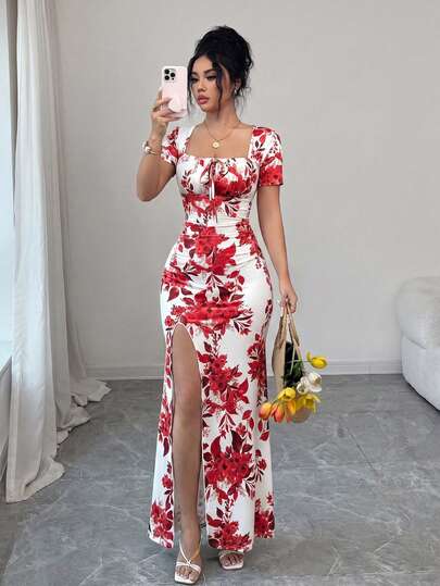 Rafferiza Vestido de verano de manga corta para mujer, vestido de vacaciones con estampado digital, vestido de playa y vacaciones con dobladillo con abertura y fruncido en la cintura