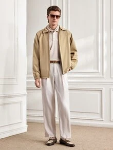 Officeau 男士休闲纯色教练夹克，简约百搭时尚翻领男士秋季外套 - 駝色 - 查看 4