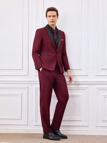 Officeau Men's Burgundy Long Sleeve Polyester Suit Set, Button Front, Pocket, Zip, Spring/Fall/Summer, Formal Set, Lightweight, Breathable, Cool, Casual Gift For Father/ Husband - Burgundy - View 13