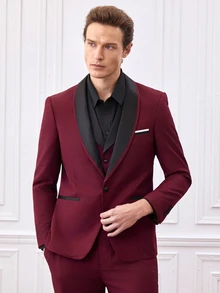 Officeau Men's Burgundy Long Sleeve Polyester Suit Set, Button Front, Pocket, Zip, Spring/Fall/Summer, Formal Set, Lightweight, Breathable, Cool, Casual Gift For Father/ Husband - Burgundy - View 2