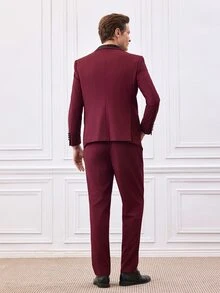 Officeau Men's Burgundy Long Sleeve Polyester Suit Set, Button Front, Pocket, Zip, Spring/Fall/Summer, Formal Set, Lightweight, Breathable, Cool, Casual Gift For Father/ Husband - Burgundy - View 3