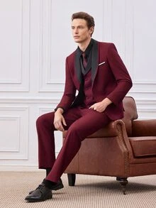 Officeau Men's Burgundy Long Sleeve Polyester Suit Set, Button Front, Pocket, Zip, Spring/Fall/Summer, Formal Set, Lightweight, Breathable, Cool, Casual Gift For Father/ Husband - Burgundy - View 10