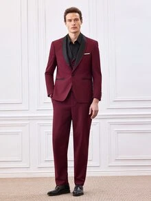Officeau Men's Burgundy Long Sleeve Polyester Suit Set, Button Front, Pocket, Zip, Spring/Fall/Summer, Formal Set, Lightweight, Breathable, Cool, Casual Gift For Father/ Husband - Burgundy - View 9
