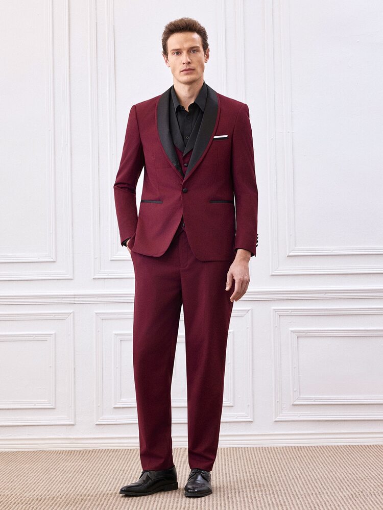 Officeau Conjunto de traje de poliéster de manga larga color borgoña para hombres, con botones delanteros, bolsillos, cremallera, primavera/otoño/verano, conjunto formal, ligero, transpirable, fresco, regalo casual para padre/esposo - Burdeos - Añade 8