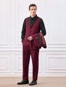 Officeau Men's Burgundy Long Sleeve Polyester Suit Set, Button Front, Pocket, Zip, Spring/Fall/Summer, Formal Set, Lightweight, Breathable, Cool, Casual Gift For Father/ Husband - Burgundy - View 8