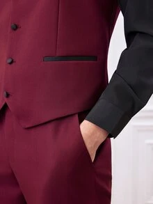Officeau Men's Burgundy Long Sleeve Polyester Suit Set, Button Front, Pocket, Zip, Spring/Fall/Summer, Formal Set, Lightweight, Breathable, Cool, Casual Gift For Father/ Husband - Burgundy - View 7