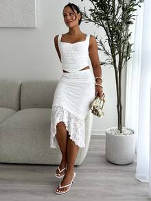 leahseptember White Lace Vest Fishtail Skirt Two-Piece Set,Elegant Bridal Wedding Summer Women Outfits,Dreamy Formal Prom Bridesmaid Dinner Birthday Ruffle Set - White - View 2