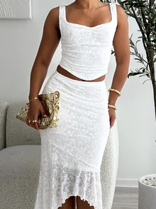leahseptember White Lace Vest Fishtail Skirt Two-Piece Set,Elegant Bridal Wedding Summer Women Outfits,Dreamy Formal Prom Bridesmaid Dinner Birthday Ruffle Set - White - View 7