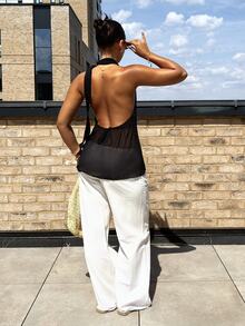 leahseptember Women Sexy Asymmetric Hem Backless Halter Neck Top,Rave Top - Black - View 3