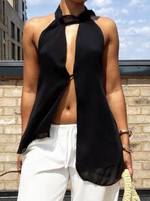 leahseptember Women Sexy Asymmetric Hem Backless Halter Neck Top,Rave Top - Black - View 7