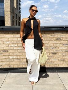 leahseptember Women Sexy Asymmetric Hem Backless Halter Neck Top,Rave Top - Black - View 4