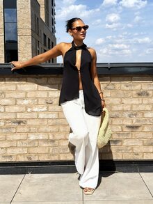 leahseptember Women Sexy Asymmetric Hem Backless Halter Neck Top,Rave Top - Black - View 5