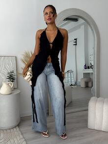 leahseptember Summer's Sexy Boho Chic Ruffle Hem Floral Print Halter Backless Top Rave Top Rave Festival Rave Women Summer Top Boho Top Boho Women's Bohemian - Black - View 3