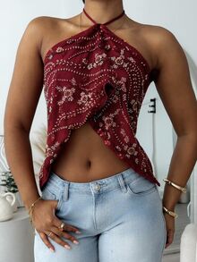 leahseptember Atasan Wanita Tanpa Lengan dengan Hiasan Manik-manik, Bordir, Motif Bunga 3D, Potongan Belakang, Leher Halter, dan Rumbai di Bagian Bawah, Warna Merah - Burgundy - View 3