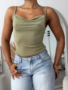 leahseptember Atasan Camisole Wanita Terbaru, Modis, Seksi, Minimalis, Tanpa Punggung, dengan Detail Rantai dan Tali Bahu Tipis - Olive Green - View 5