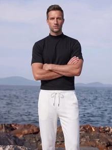 Officeau Men's Black Solid Turtleneck Short Sleeve Knit T-Shirt, Summer/Spring/Fall, Tee, Top, Lightweight, Breathable, Cool, Casual, Comfortable, Daily Wear Boyfriend,Husband,Father Gift - Black - View 8
