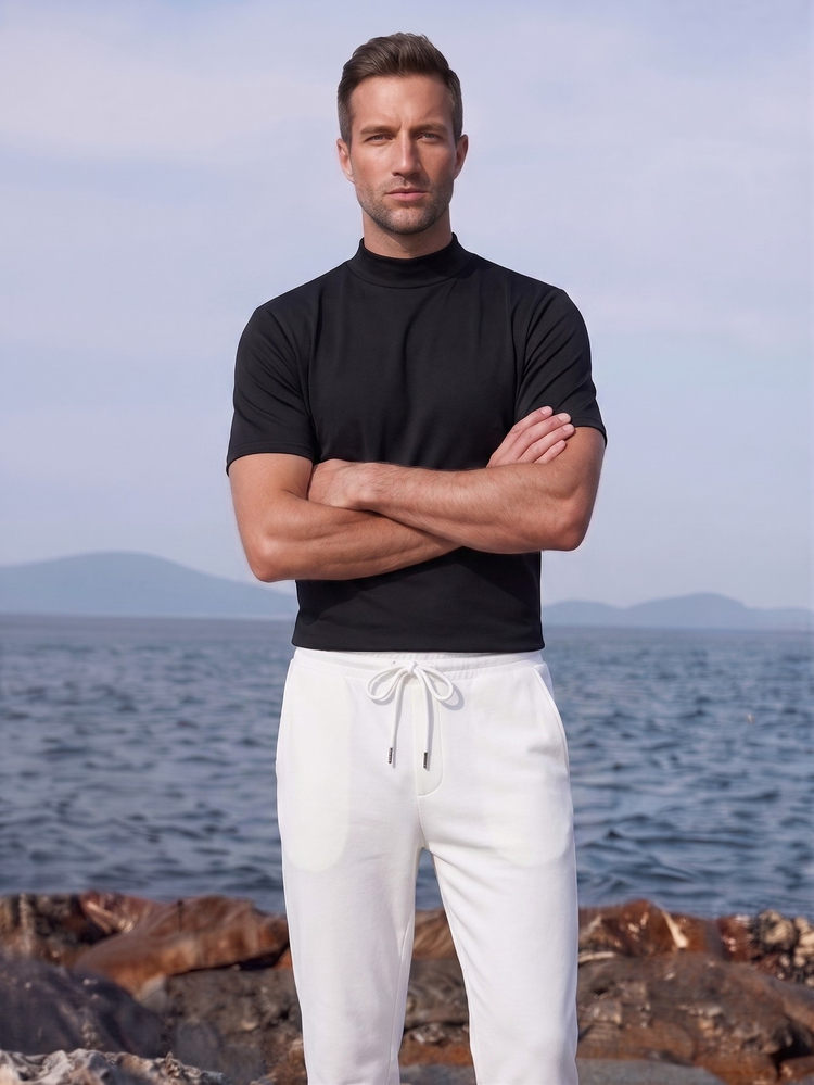 Officeau Men's Black Solid Turtleneck Short Sleeve Knit T-Shirt, Summer/Spring/Fall, Tee, Top, Lightweight, Breathable, Cool, Casual, Comfortable, Daily Wear Boyfriend,Husband,Father Gift - Black - View 8