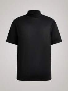 Officeau Men's Black Solid Turtleneck Short Sleeve Knit T-Shirt, Summer/Spring/Fall, Tee, Top, Lightweight, Breathable, Cool, Casual, Comfortable, Daily Wear Boyfriend,Husband,Father Gift - Black - View 3