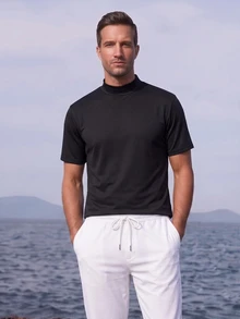 Officeau Men's Black Solid Turtleneck Short Sleeve Knit T-Shirt, Summer/Spring/Fall, Tee, Top, Lightweight, Breathable, Cool, Casual, Comfortable, Daily Wear Boyfriend,Husband,Father Gift - Black - View 6