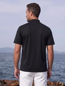 Officeau Men's Black Solid Turtleneck Short Sleeve Knit T-Shirt, Summer/Spring/Fall, Tee, Top, Lightweight, Breathable, Cool, Casual, Comfortable, Daily Wear Boyfriend,Husband,Father Gift - Black - View 2