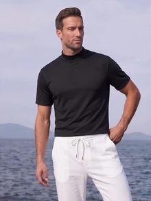 Officeau Men's Black Solid Turtleneck Short Sleeve Knit T-Shirt, Summer/Spring/Fall, Tee, Top, Lightweight, Breathable, Cool, Casual, Comfortable, Daily Wear Boyfriend,Husband,Father Gift - Black - View 1