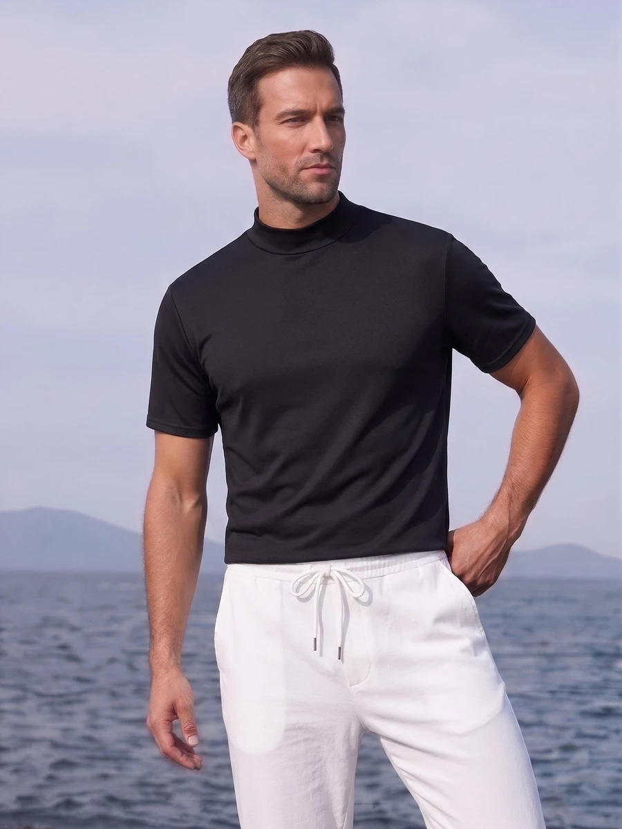 Officeau Men's Black Solid Turtleneck Short Sleeve Knit T-Shirt, Summer/Spring/Fall, Tee, Top, Lightweight, Breathable, Cool, Casual, Comfortable, Daily Wear Boyfriend,Husband,Father Gift - Black - View 1