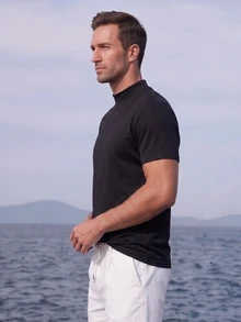 Officeau Men's Black Solid Turtleneck Short Sleeve Knit T-Shirt, Summer/Spring/Fall, Tee, Top, Lightweight, Breathable, Cool, Casual, Comfortable, Daily Wear Boyfriend,Husband,Father Gift - Black - View 9