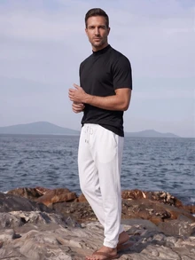 Officeau Men's Black Solid Turtleneck Short Sleeve Knit T-Shirt, Summer/Spring/Fall, Tee, Top, Lightweight, Breathable, Cool, Casual, Comfortable, Daily Wear Boyfriend,Husband,Father Gift - Black - View 7
