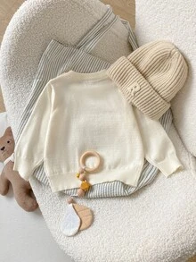 SHEIN Vintaside Kids 嬰兒/幼兒（男孩）卡其色熊圖案套頭毛衣，長袖，適合秋冬穿著，可作為內搭搭配鋪棉外套或單穿 - 杏色 - 查看 3