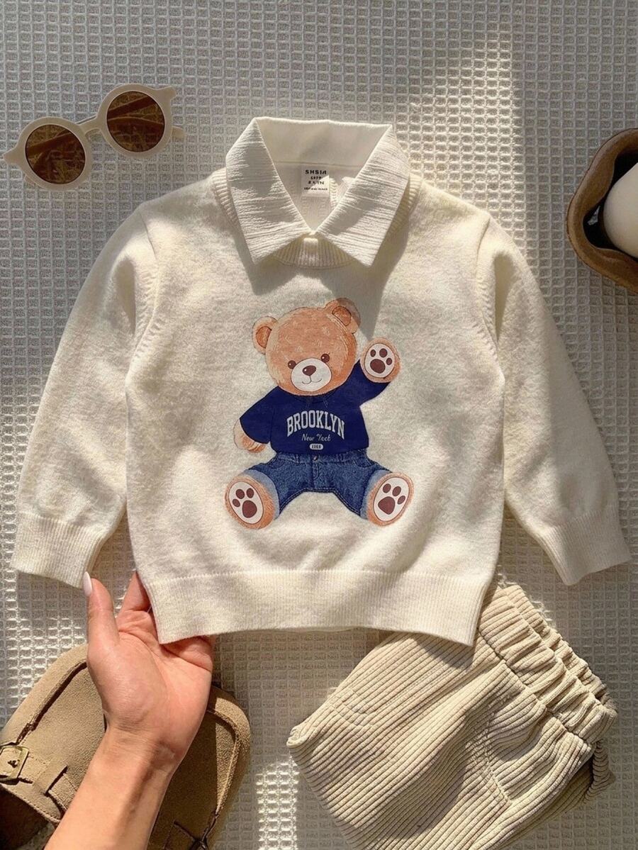 SHEIN Vintaside Kids 嬰兒/幼兒（男孩）卡其色熊圖案套頭毛衣，長袖，適合秋冬穿著，可作為內搭搭配鋪棉外套或單穿