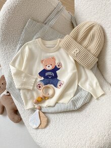 SHEIN Vintaside Kids 嬰兒/幼兒（男孩）卡其色熊圖案套頭毛衣，長袖，適合秋冬穿著，可作為內搭搭配鋪棉外套或單穿 - 杏色 - 查看 5