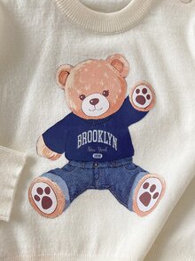 SHEIN Vintaside Kids 嬰兒/幼兒（男孩）卡其色熊圖案套頭毛衣，長袖，適合秋冬穿著，可作為內搭搭配鋪棉外套或單穿 - 杏色 - 查看 6