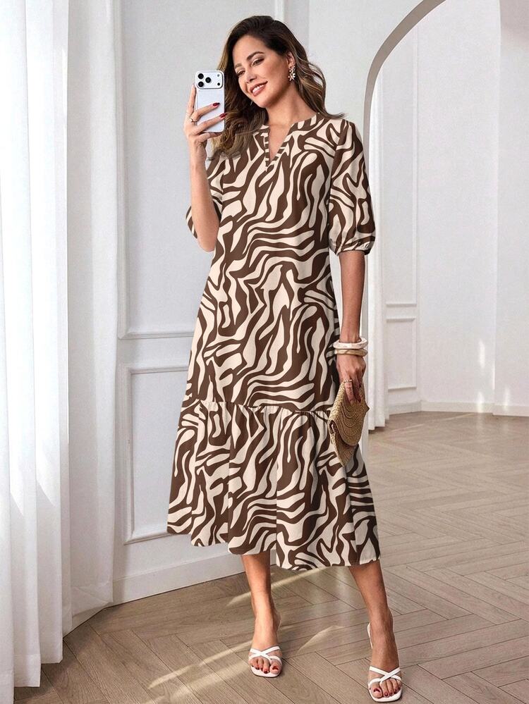 Medorina Women's Zebra Print V-Neck Ruffle Hem Short Sleeve Dress, Autumn/ Brunch Work Beige Casual Elegant - Multicolor - View 3