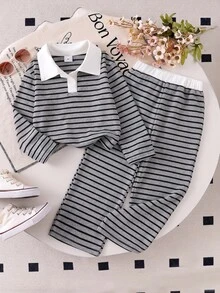 SHEIN 女童 2 件組 秋季灰色條紋對比白領長袖 Polo 衫寬腿褲套裝 英倫學院風休閒穿搭 7 歲生日幼兒園 - 深灰色 - 查看 2