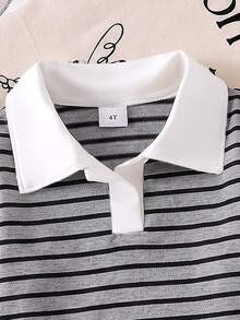 SHEIN 女童 2 件組 秋季灰色條紋對比白領長袖 Polo 衫寬腿褲套裝 英倫學院風休閒穿搭 7 歲生日幼兒園 - 深灰色 - 查看 4