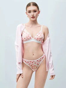 Softvol Women's Sexy Lingerie (Wireless Bra, Thong) 2 Pieces Set - Red and White - View 1