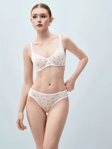 Softvol 女士网状草莓印花透气钢圈性感文胸和三角内裤（性感内衣套装）可爱女士性感内衣套装，性感内衣 - 白色 - 查看 4