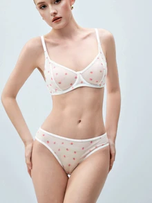 Softvol 女士网状草莓印花透气钢圈性感文胸和三角内裤（性感内衣套装）可爱女士性感内衣套装，性感内衣 - 白色 - 查看 5