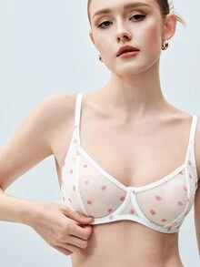 Softvol 女士网状草莓印花透气钢圈性感文胸和三角内裤（性感内衣套装）可爱女士性感内衣套装，性感内衣 - 白色 - 查看 6