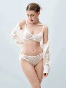 Softvol 女士网状草莓印花透气钢圈性感文胸和三角内裤（性感内衣套装）可爱女士性感内衣套装，性感内衣 - 白色 - 查看 8