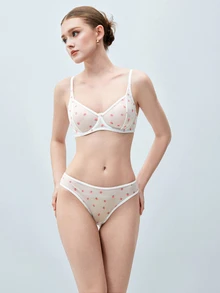 Softvol 女士网状草莓印花透气钢圈性感文胸和三角内裤（性感内衣套装）可爱女士性感内衣套装，性感内衣 - 白色 - 查看 3