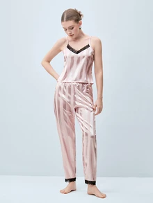 Softvol Contrast Lace Satin PJ Set / Pajama Set - Baby Pink - View 3
