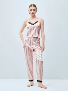 Softvol Contrast Lace Satin PJ Set / Pajama Set - Baby Pink - View 1